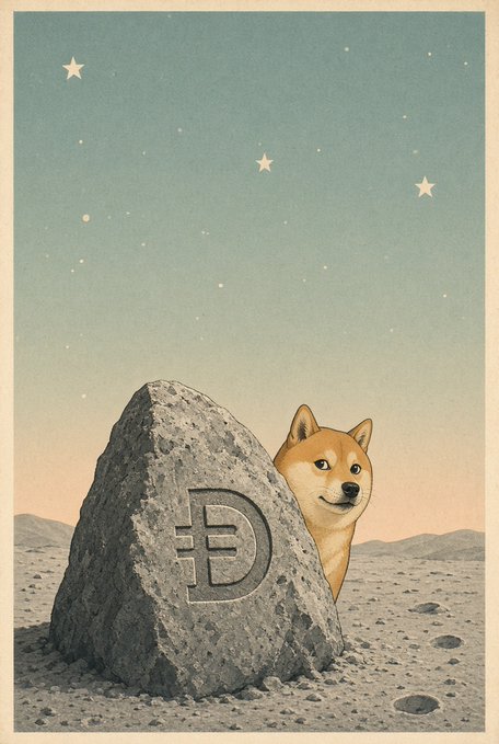 A vintage-style illustration of a Shiba Inu dog peeking out from behind a gray rock carved with the Dogecoin 'Ð' symbol, set in a desert landscape under a starry sky.