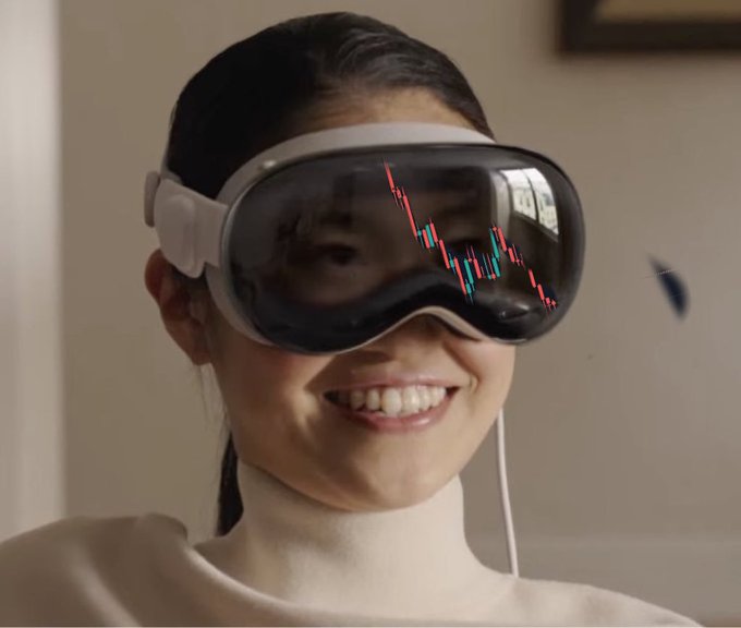 A smiling woman wearing a white turtleneck and a large VR/AR headset with a candlestick chart pattern visible reflected on its dark visor.