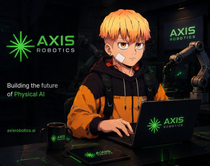 A young blonde anime-style character wearing an orange and black hoodie works on a laptop branded with the AXIS Robotics logo, set against a backdrop of robotic arms in a tech lab. Promotional text reads "AXIS ROBOTICS - Building the future of Physical AI" alongside the tagline "@axisrobotics.ai."
