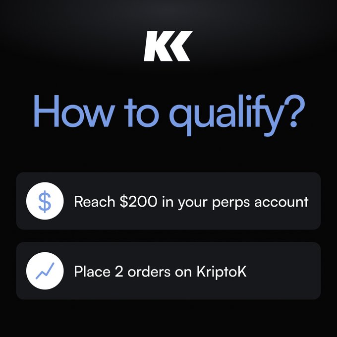 A graphic with the 'KK' logo asks 'How to qualify?' with two requirements: 'Reach $200 in your perps account' and 'Place 2 orders on KriptoK'.
