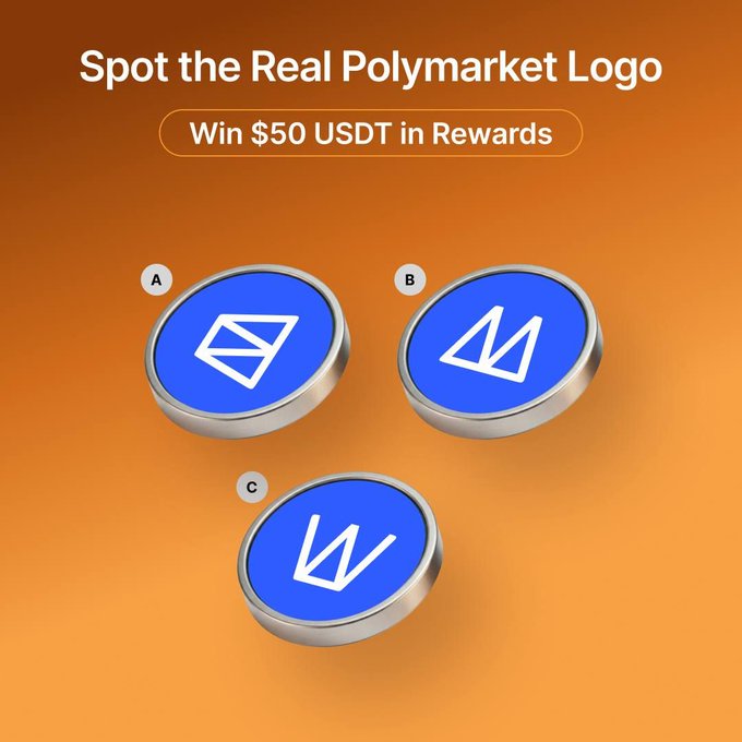 A promotional graphic on an orange background invites viewers to identify the real Polymarket logo among three blue coin-shaped options (A, B, and C), offering $50 USDT in rewards to winners selected from correct entries, as detailed in the accompanying social media contest post by @BybitSouthasia.