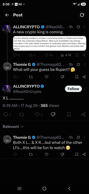 A screenshot of a social media post thread by ALLINCRYPTO (@RealAllin) discussing a new crypto king, with replies from Thomie G (@Thomasp62) including 'X L.............' and 'Both X L.... & X R.....but what of the other LI's....this will be fun to watch'.