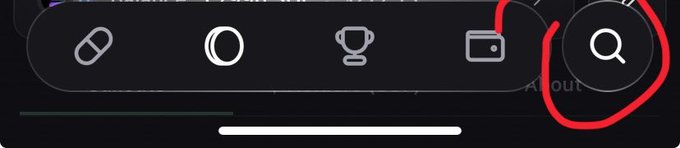 A mobile app navigation bar with icons for various features (pills, circle, trophy, wallet) and a magnifying glass/search icon circled in red, with visible text "About" — illustrating the user's complaint about having to tap the search icon to access the search feature instead of it being readily visible on screen.