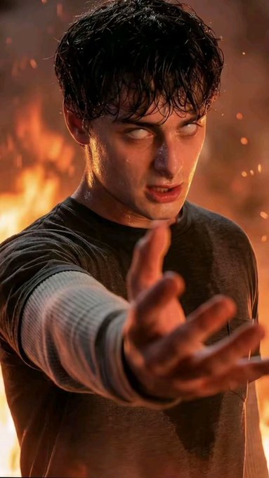 A young man with dark, wet hair and white-pupiled eyes reaches his hand forward amid a fiery, ember-filled background.