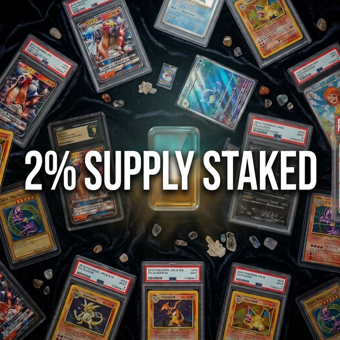 Graded Pokémon cards are arranged in a circle around the text '2% SUPPLY STAKED' on a dark background.