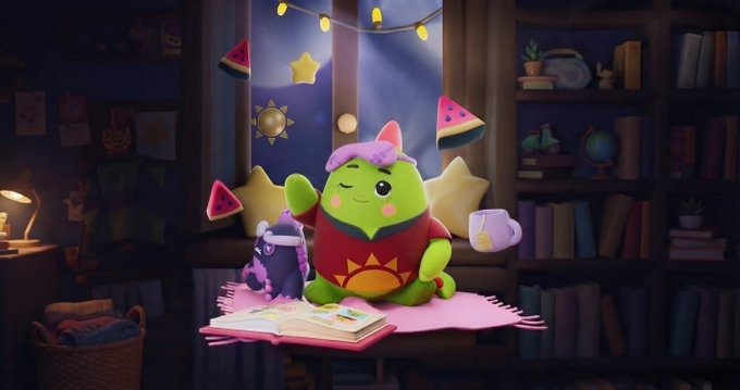 A cute plush character with a pink mane sits at a desk by a moonlit window decorated with stars and watermelon slices, reading a book next to a small black unicorn companion.
