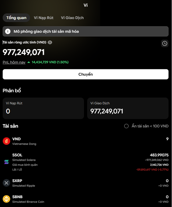 A Vietnamese-language crypto wallet interface (VIN cryptocurrency portfolio) showing a balance of 977,249,071 VND, with simulated assets including SSOL, SXRP, and SBNB.
