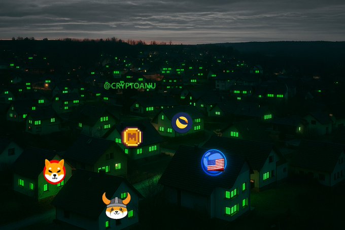 An aerial nighttime view of a residential neighborhood with glowing green windows, overlaid with cryptocurrency logos including Shiba Inu, Monero, and others.