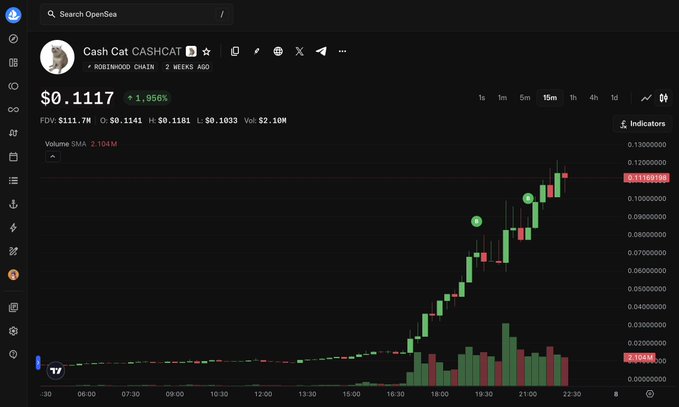 An OpenSea chart for Cash Cat (CASHCAT) token on Rostwood Chain showing a price of $0.1117 with a 1.95% increase, displaying a candlestick chart with recent price surges.