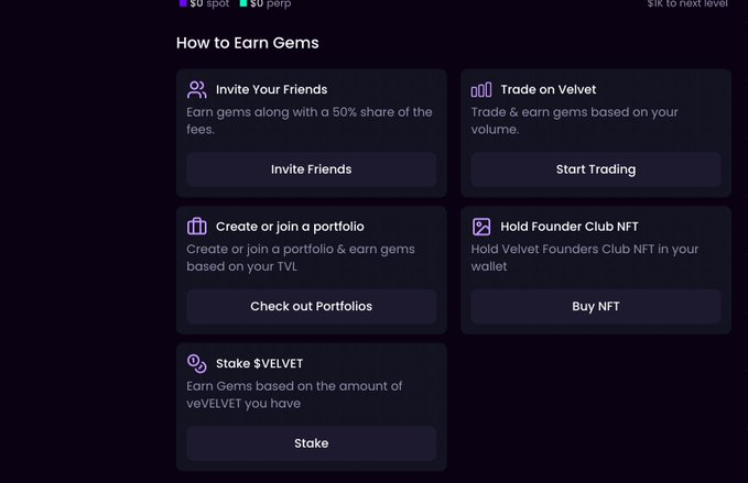 The image displays a "How to Earn Gems" page for Velvet Capital, showing five methods to accumulate gems: inviting friends, trading on Velvet, creating/joining a portfolio, holding Founder Club NFT, and staking $VEVET. This relates to the post about Velvet's 2.7M token airdrop on August 10th, illustrating how users can earn gems through trading and other activities to qualify for the airdrop distribution.