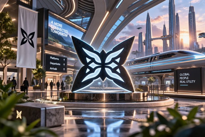A futuristic sci-fi cityscape scene featuring a large butterfly-shaped sculpture and displays reading 'A MORE CONNECTED TOMORROW' and 'GLOBAL PEOPLE REAL UTILITY'.