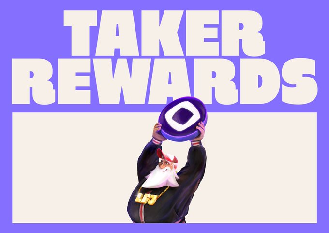 A stylized graphic with bold "TAKER REWARDS" text on a purple background features a cartoon character holding up a purple token, visually reinforcing the accompanying post's guide to earning Taker Rewards on POE PropAMM through fee rebates and points accrual.