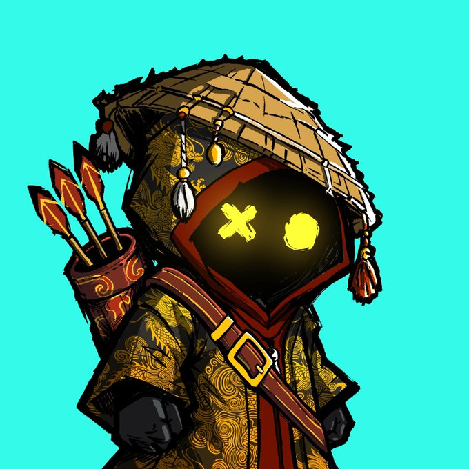 A stylized cartoon illustration of a hooded figure in an ornate gold and black robe, wearing a conical straw hat, with glowing yellow X and circle eyes on a dark face, and carrying a quiver of arrows.