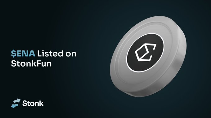 A promotional graphic on a dark background features a 3D rendering of a silver coin with the ENA logo, accompanied by the text "$ENA Listed on StonkFun" and the Stonk logo, announcing the launch of coins paired with ENA from Ethena on the StonkFun platform.