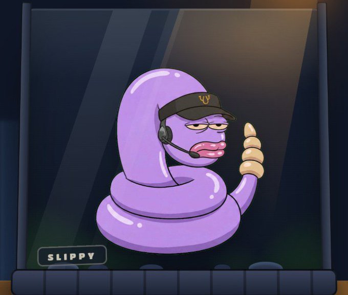 A purple cartoon snake character named "SLIPPY," wearing a black cap with a yellow logo and a headset, appears on a digital screen holding up a small spiral shell, directly illustrating the post's point about owning just a single armless character rather than the entire franchise.