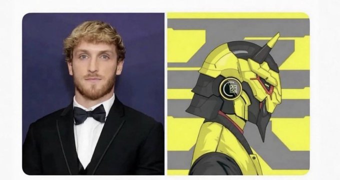 The image shows a side-by-side comparison of YouTuber Logan Paul on the left and a yellow robotic-looking character NFT from his "Bored Ape" collection on the right, illustrating the significant appreciation in value of his NFT investment from $635,000 to $7.8 million.