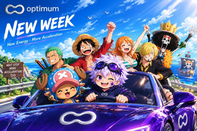 A promotional graphic titled 'optimum NEW WEEK' with the tagline 'New Energy · More Acceleration,' featuring anime characters including Luffy, Zoro, Nami, Sanji, and Brook riding in a purple convertible with an infinity symbol logo.
