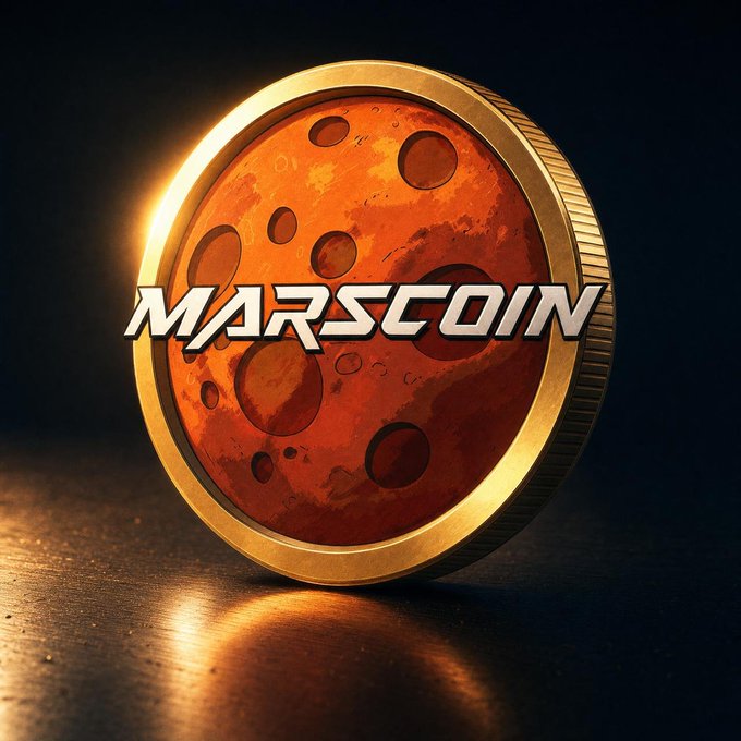 A 3D render of a gold-rimmed coin featuring a reddish-orange cratered surface resembling Mars, with the text 'MARSCOIN' overlaid in metallic white letters.