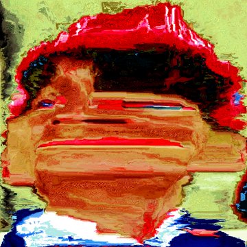 A distorted, glitch-art style digital painting featuring vivid red, orange, and yellow colors with horizontal pixelated streaks obscuring a face.