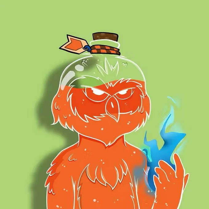 An illustration of an orange fluffy character wearing a glass dome on its head with a cork and label, sweating nervously while holding a blue flame.
