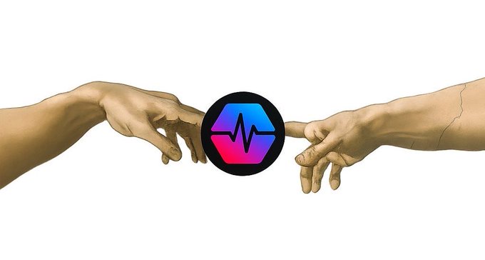 An illustration recreating Michelangelo's 'Creation of Adam' hands reaching toward each other, with a pink and blue waveform logo in the hexagon between their fingers.