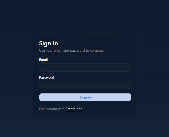 A dark-themed sign-in page with email and password input fields and a 'Sign in' button, with an option to 'Create one' for new accounts.