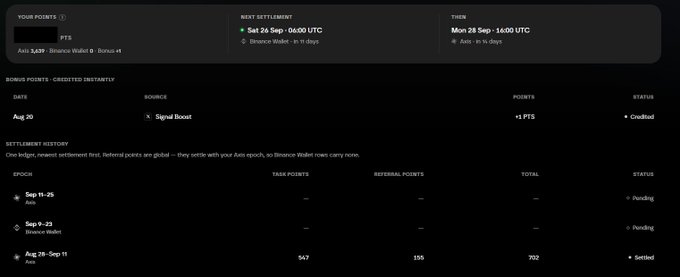 A dashboard interface displaying points information including Asia & APAC, Binance Wallet, and Bonus balances, with settlement history showing dates Sep 11-25, Sep 5-23, and Aug 28-Sep 11.