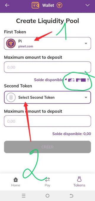 A mobile screenshot showing a "Create Liquidity Pool" page on what appears to be PiDEX, where only the "First Token" field is pre-filled with "Pi (pinet.com)" while the "Second Token" dropdown remains empty, illustrating the post's point that token pairing functionality has not yet been implemented.