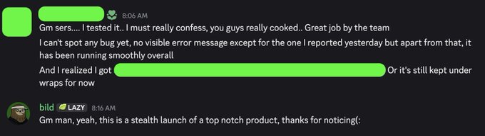 A Discord chat shows a user at 8:06 AM praising a "stealth launch" by saying "I tested it.. I must really confess, you guys really cooked.. Great job by the team," while the "LAZY" account (linked to TRUMP Meme coin founder Rhett Mankind) responds at 8:16 AM with "Gm man, yeah, this is a stealth launch of a top notch product, thanks for noticing(:" — illustrating the understated announcement of the Vibetrading product mentioned in the post.