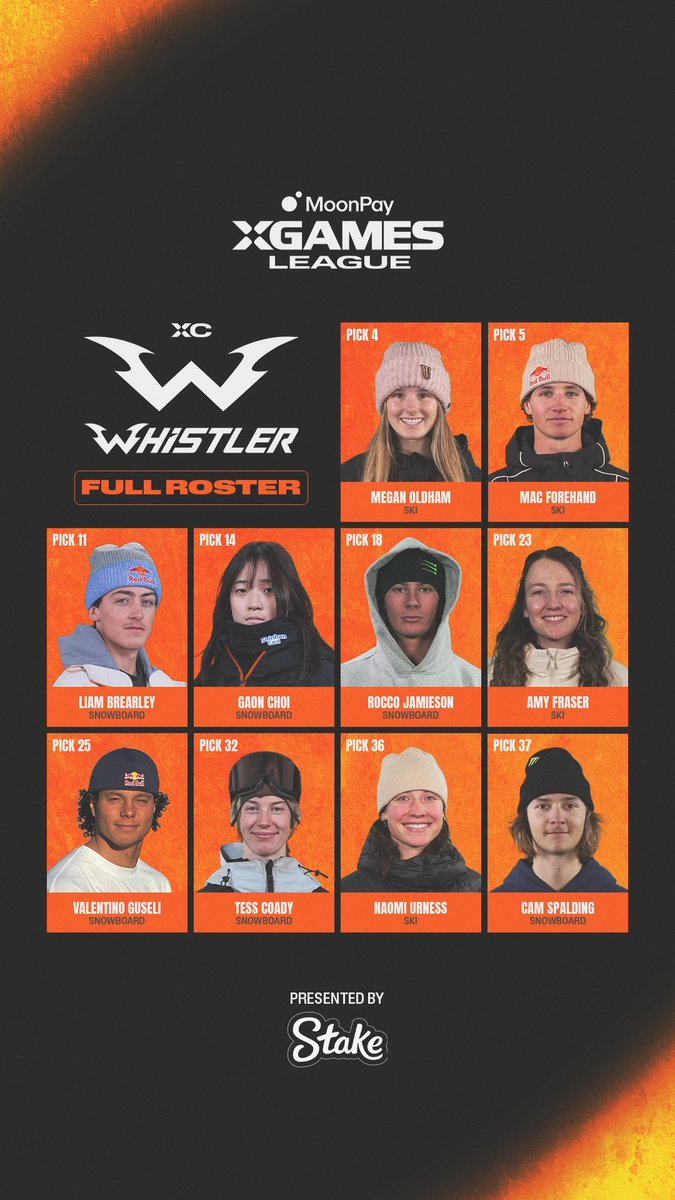 A promotional graphic for the MoonPay X Games League Whistler event, displaying the full roster of athletes including Megan Oldham (Ski), Mac Forehand (Ski), Liam Brearley (Snowboard), Gaon Choi (Snowboard), Rocco Jamieson (Snowboard), Amy Fraser (Ski), Valentino Guseli (Snowboard), Tess Coady (Snowboard), Naomi Urness (Ski), and Cam Spalding (Snowboard), presented by Stake.