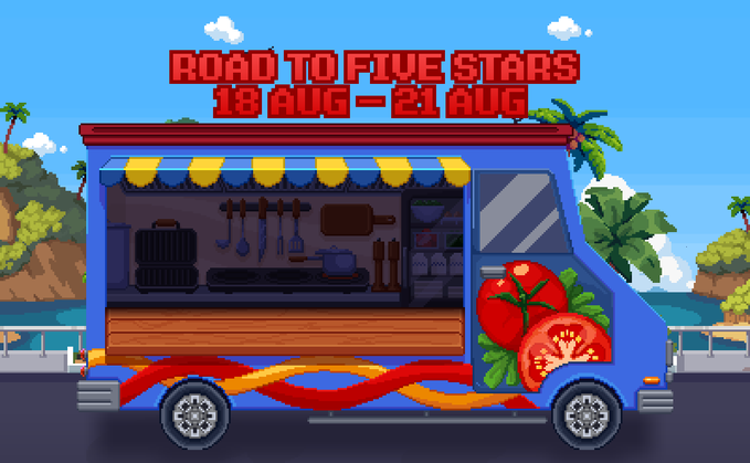 A pixel-art style illustration of a colorful food truck with a red awning, decorated with tomato graphics, with text reading 'ROAD TO FIVE STARS 18 AUG - 21 AUG' at the top.