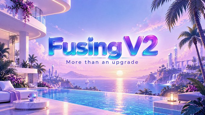 A luxurious tropical paradise scene with a poolside sunset view, palm trees, and a distant city skyline, overlaid with the bold text "Fusing V2 — More than an upgrade," visually reinforcing the post's message about the platform's expanded launch customization features for creators.