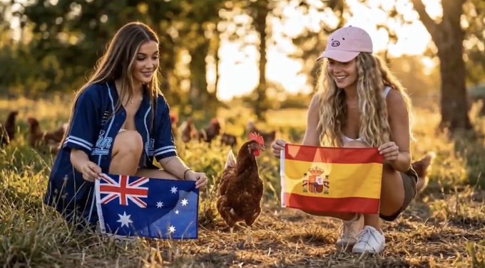 The image features two women sitting in a grassy field with flags of different countries - an Australian flag and a Spanish flag. They are holding these flags, possibly discussing or comparing them. The background includes trees, suggesting that they might be at a park or a similar outdoor location.