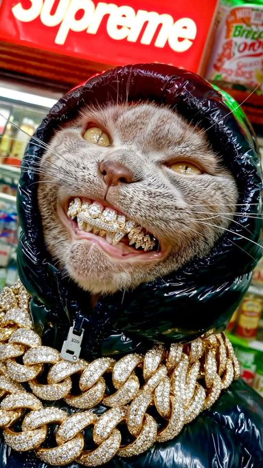 A cat wearing a black hooded jacket, a large gold chain, and diamond-encrusted grillz smiles widely in front of a Supreme storefront.