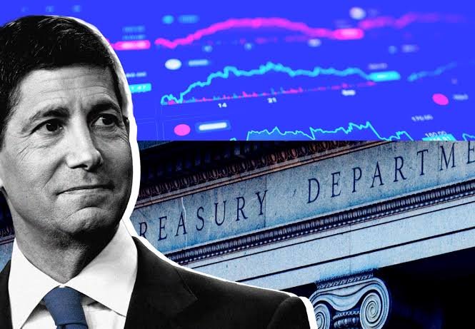 A photo composite featuring a man in a suit, the facade of the U.S. Treasury Department building, and stock market charts on a blue background.