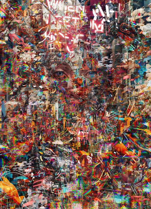 A vibrant, densely layered digital collage featuring a faint central portrait surrounded by chaotic bursts of red, orange, and neon graffiti-like marks, characteristic of the NFT artwork "AFC #6" (1/1 edition) listed on objkt.com for 150 $XTZ.