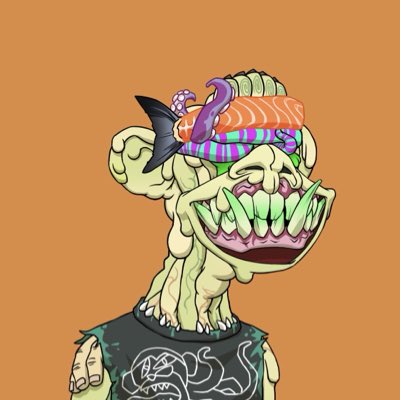 The image features a cartoon character with a face painted on an orange background, wearing a black shirt that has a skull design on it. The character also has a fish headband on their forehead, adding to the overall gothic appearance of the scene. The caption provided in the image reads "GM GM Secured this absolute fucker for my 2nd MayC and had to PFP it immediately @BoredApeYC".