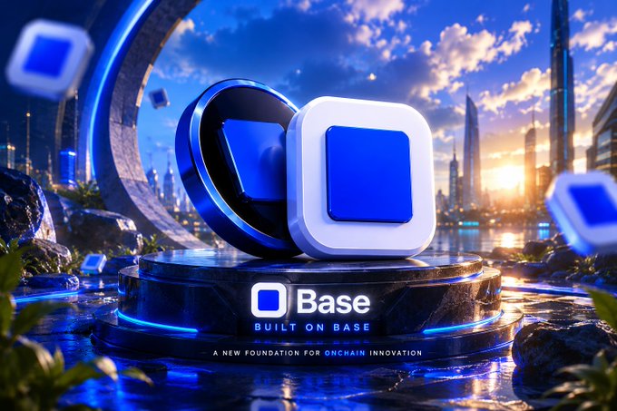 The image features a large blue square sign that reads "Base", surrounded by two smaller white squares, one of which has a blue button. The background shows an urban cityscape with buildings and trees, creating a contrast between the digital and physical worlds. Below the image, there is text that says "Gud morning Web3 Start your day with @base".