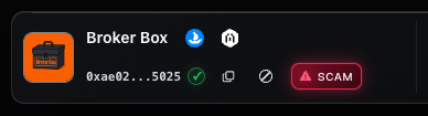 The image shows a wallet labeled "Broker Box" with address "0xae02...5025" displaying a prominent red "SCAM" warning badge, illustrating the post's point that contracts flagged with this label have been identified as honeypots. A green checkmark and other status icons also appear next to the address.