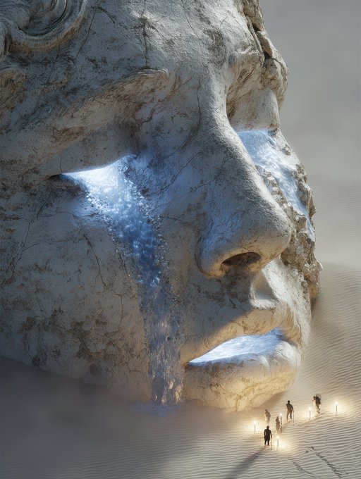 A surreal digital artwork showing a massive, cracked stone face lying in a desert, with glowing blue tears flowing from its eye, while small figures with lights stand near its mouth.