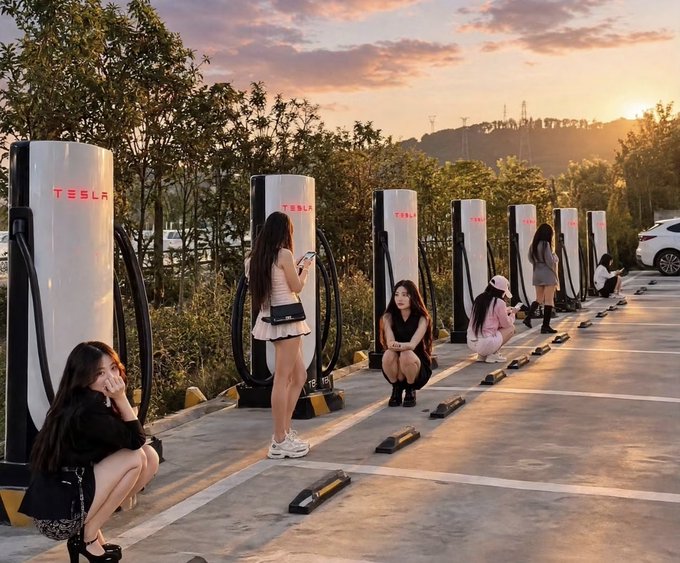 Several women pose at a row of illuminated Tesla Supercharger stations during sunset, with hills and trees in the background.