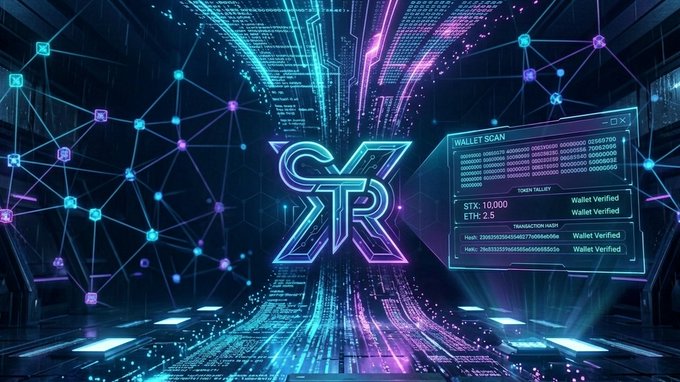 A cyberpunk-style digital artwork showing a glowing 'SR' logo with a 'WALLET SCAN' interface displaying 'Wallet Verified' statuses for STX and ETH 2.5.