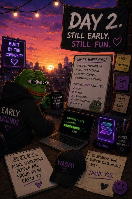 A colorful illustrated scene titled 'DAY 2. STILL EARLY. STILL FUN' featuring a Pepe the Frog character wearing an 'EARLY LEGENDS' hoodie, surrounded by Solana/crypto-themed posters, a laptop showing community loading at 73%, and various memes about being early to a project.