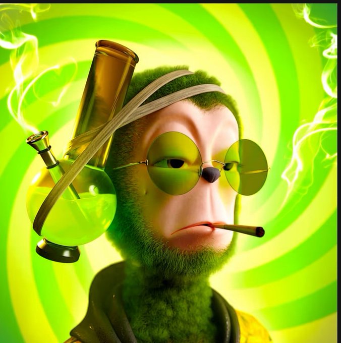 A 3D rendered character with a green furry face, wearing round green-tinted sunglasses and a green headband, smoking a cigarette with a bong and swirling green smoke in the background.