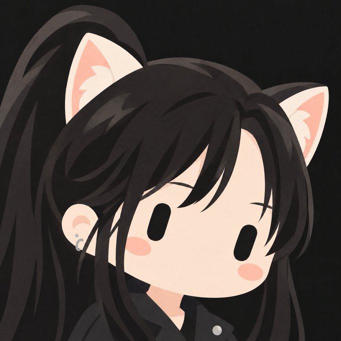 Chibi-style illustration of a cute anime girl with long black hair, cat ears, and pink blushing cheeks wearing a black outfit against a dark background.