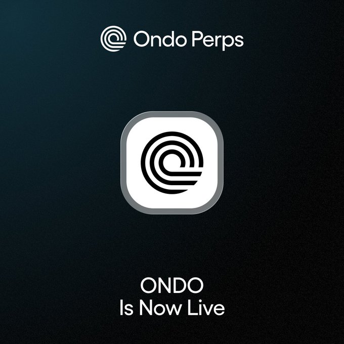 A promotional graphic for "Ondo Perps" features the Ondo logo centered on a dark gradient background, with the text "ONDO Is Now Live" displayed below. The image announces the launch of perpetual futures trading for $ONDO, aligning with the post's announcement that users can now long $ONDO on the Ondo platform.
