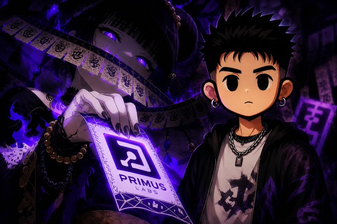 Anime-style illustration featuring a young man with spiky hair and piercings standing next to a dark-haired female figure holding a glowing purple card labeled "PRIMUS LABS", with purple mystical effects in the background.