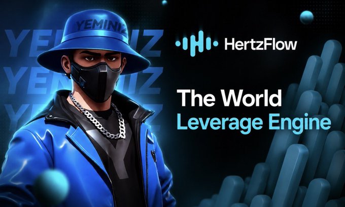 A stylized blue-toned illustration of a masked figure wearing a "YEMINIZ" bucket hat and silver chain, paired with the "HertzFlow" logo and the tagline "The World Leverage Engine," visually personifies the crypto-native branding behind the platform highlighted in the post about rethinking how liquidity provider (LP) yield is generated on perpetual DEXs.