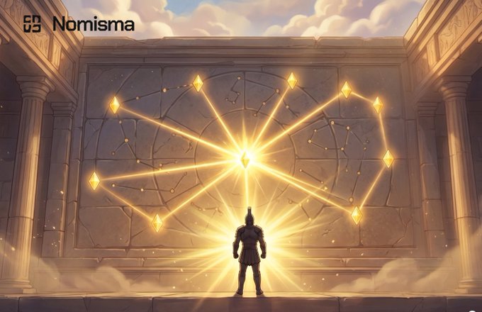 A fantasy digital artwork labeled '53 Nomisma' depicting a silhouetted warrior figure facing a glowing constellation pattern on a large stone wall with columns and a cloudy sky.