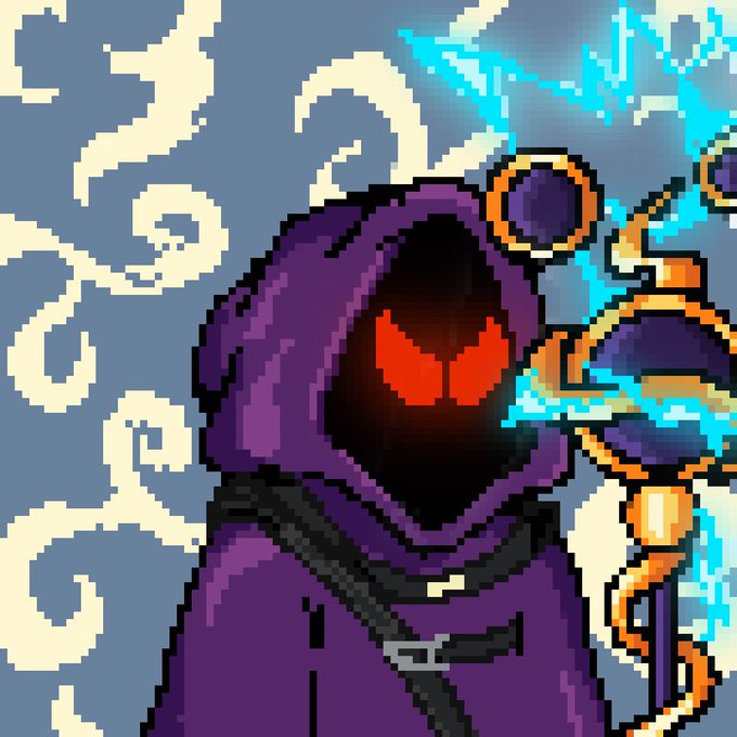 A pixel art illustration of a hooded figure in a purple cloak with glowing red eyes, holding an ornate staff that emits blue electricity against a cloudy sky.
